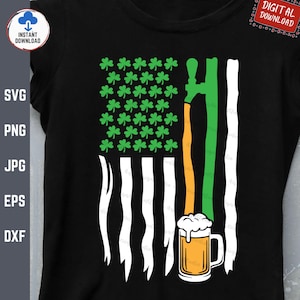 May include: A green shamrock design on a white and green American flag with a beer tap pouring into a glass of beer.
