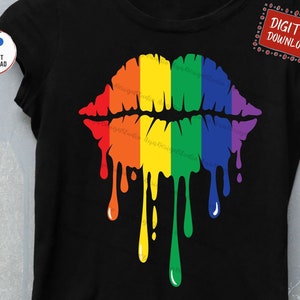May include: A rainbow-colored dripping lip design. The lip is outlined in black and the dripping paint is in the colors of the rainbow.