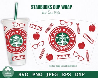 Teach Love Inspire Starbucks Cup SVG, Teacher Starbucks, Full Wrap Starbucks, DIY Teacher Day, Apple, Ruler SVG