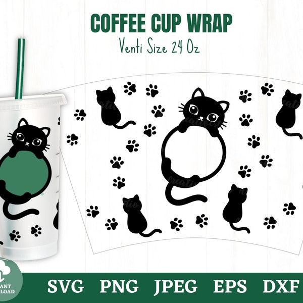 Cat Coffee Cup Wrap Svg, Cat Whiskers and Tail Frame Coffee Cup Wrap Svg, DIY Gift for Cat People, Cat Paw Print Coffee Cold Cup Wrap 24oz