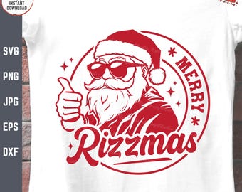 Merry Rizz Mas Santa Svg, Rizzmas Christmas, Funny Gen Z X-Mas Men Shirt Svg, Humor Sigma Hat Santa, Santa Sunglasses Svg