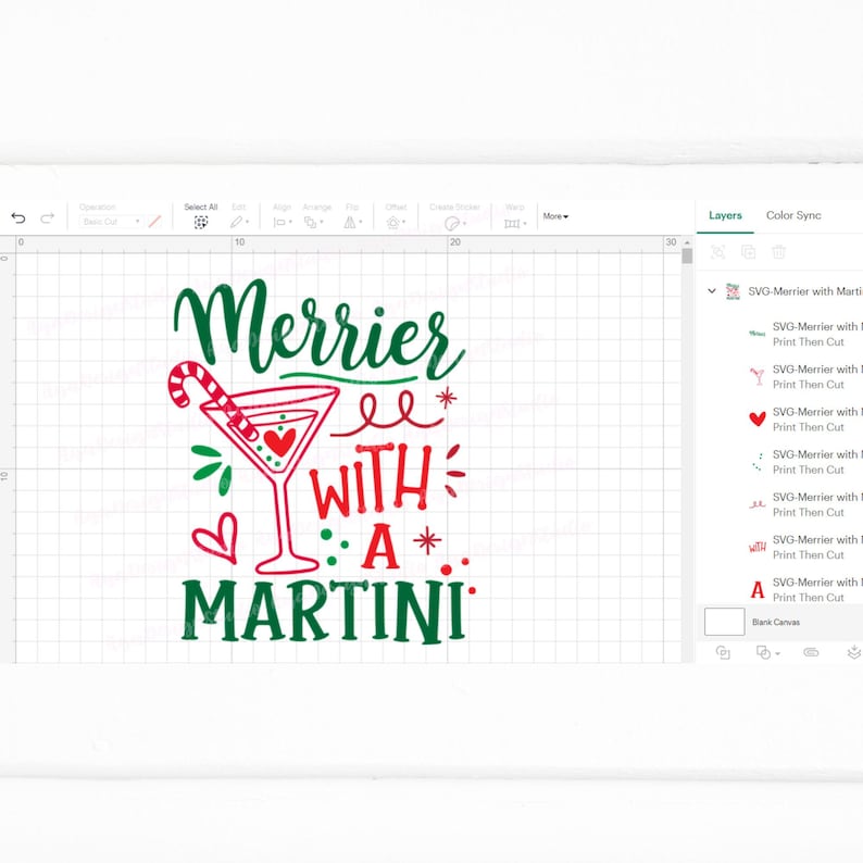 May include: Green and red text that reads "Merrier with a Martini" with a red martini glass with a candy cane and a red heart in the glass.
