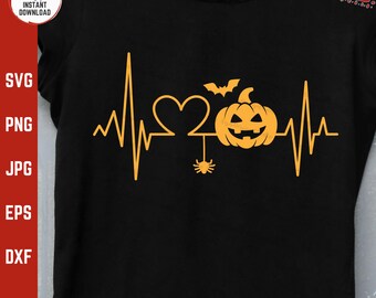Halloween Herzschlag svg, Kürbisspinnen-Fledermaus-Linie, Krankenschwester-Halloween-Shirt svg, lustiger gruseliger Herzschlag svg