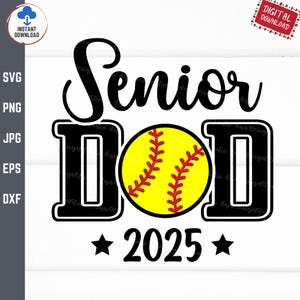 Op de afbeelding: Zwart-wit grafisch ontwerp met de tekst "Senior DoD 2025" en een gele softbal met rode naden.