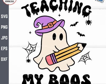 May include: A white ghost wearing a purple witch hat holds a yellow pencil with a pink eraser. The ghost has two black eyes and a black mouth. The text "TEACHING MY BOOS" is written in black dripping letters.