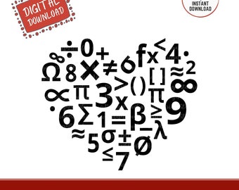 Könnte beinhalten: Ein Herz aus schwarzen mathematischen Symbolen und Zahlen. Das Bild enthält den Text "DIGITALER DOWNLOAD" in einem roten Rechteck und "SOFORT-DOWNLOAD" in einem blauen Kreis. Der untere Teil des Bildes zeigt "SVG, PNG, JPEG, EPS, DXX".