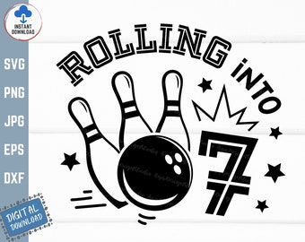 Rollin' Into 7 Svg, 7th Birthday Bowling Svg, Rolling Into Bowling Birthday Svg, Retro Bowling Birthday Svg, 7 Years Old Birthday Svg