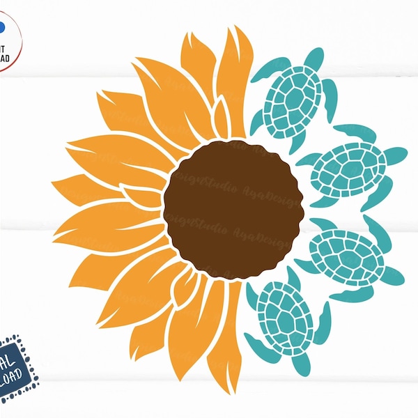 Sea Turtle Sunflower Svg, Turtle Svg, Sunflower Sea Turtle Svg, Turtle Flower Svg, Half Sunflower Svg, Turtle Lover Gift Svg