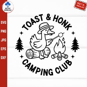 Könnte beinhalten: Schwarz-weiß-Illustration eines Entchens mit Hut, das einen Marshmallow über einem Lagerfeuer brät. Der Text "Toast & Honk Camping Club" umgibt das Bild.