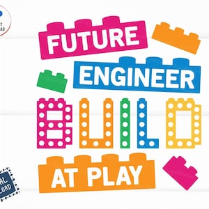 Puede incluir: Un diseño gráfico colorido con el texto "Future Engineer Build At Play" en letras blancas. El diseño presenta bloques de construcción de juguetes coloridos con un patrón de puntos.