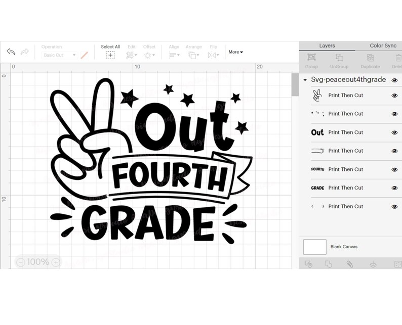 Op de afbeelding: Zwart-wit ontwerp met een vredesteken, sterren en de tekst "Out Fourth Grade".