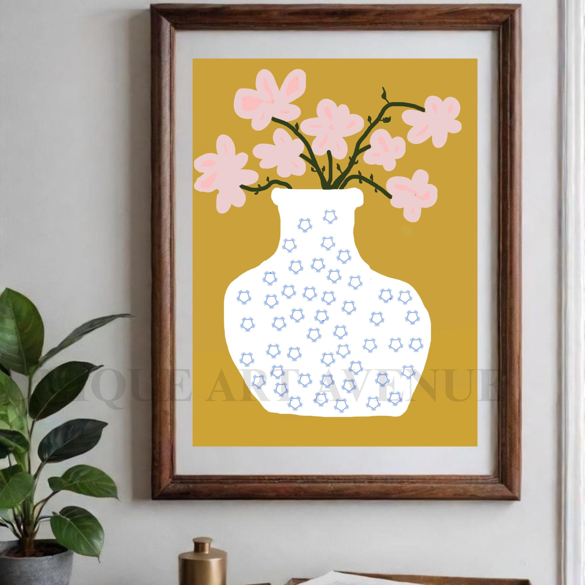 Modern Floral Vase Art Print, Pink Flower Illustration, Mustard Yellow ...