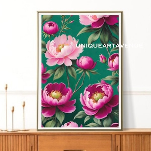 Luxurious Floral Peony Art Print - Dark Emerald Green & Fuchsia Peony Wall Decor - Unique Fine Art Piece