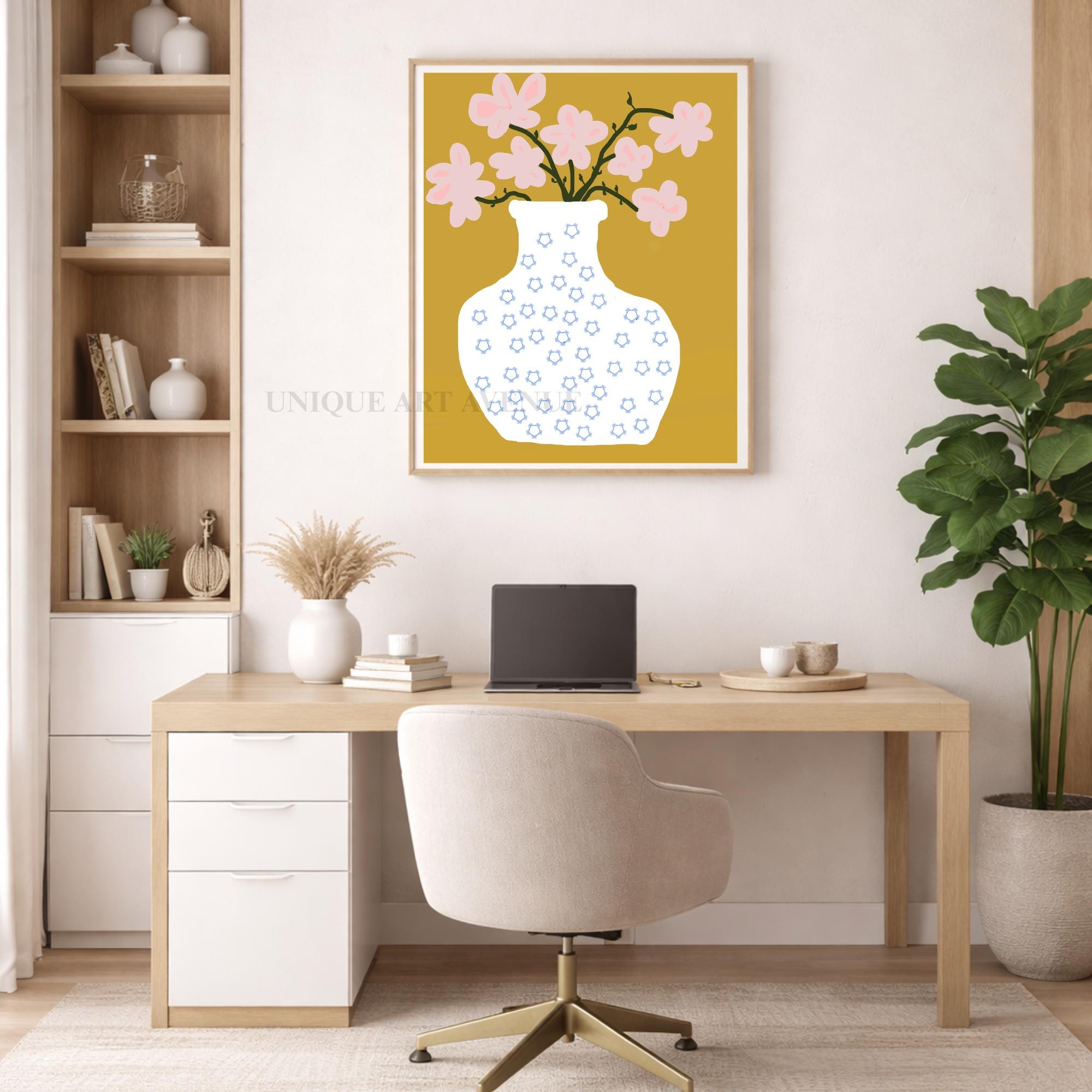 Modern Floral Vase Art Print, Pink Flower Illustration, Mustard Yellow ...