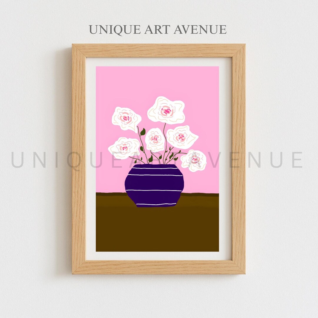 Pink Floral Vase Wall Art Print – Hand Drawn Digital Illustration ...