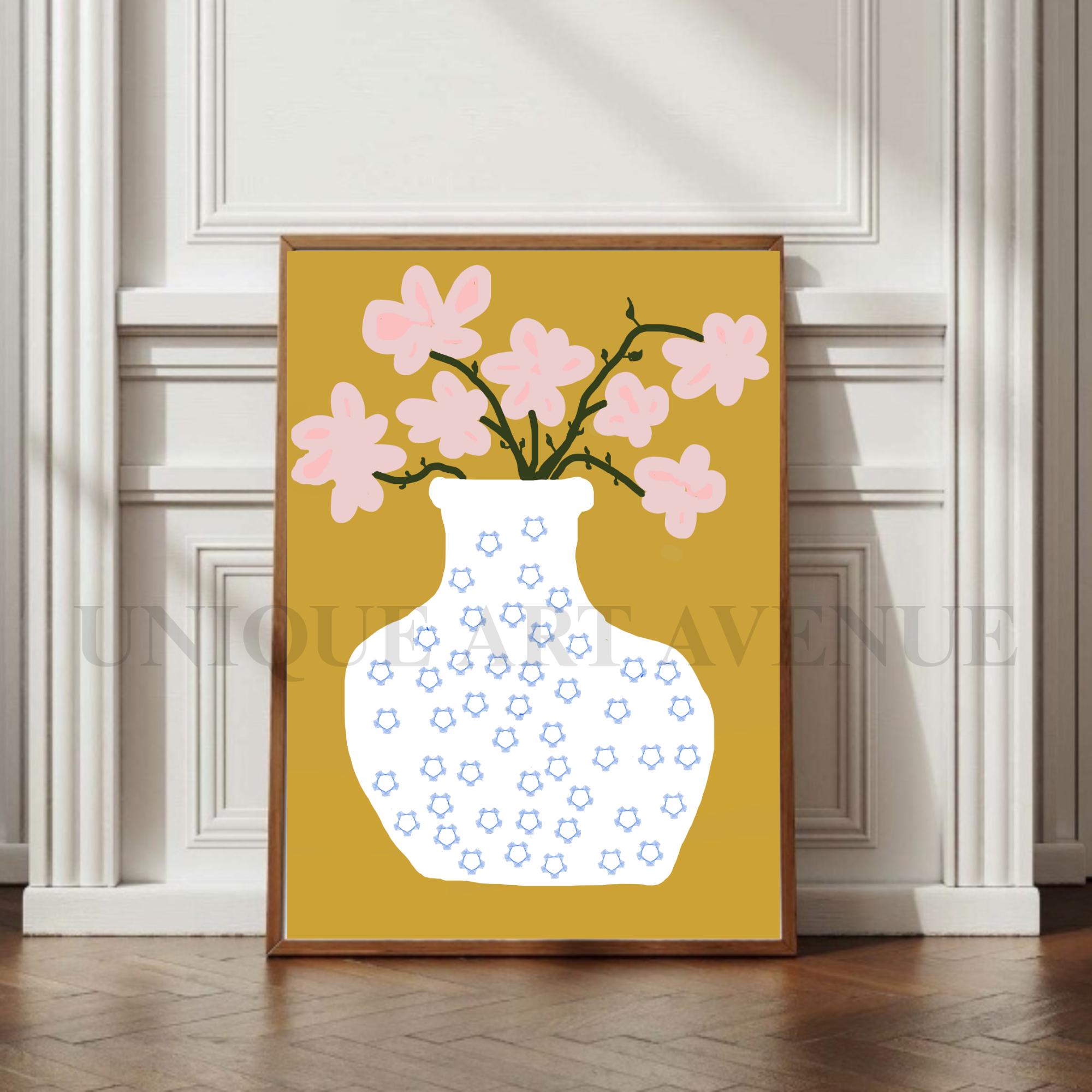 Modern Floral Vase Art Print, Pink Flower Illustration, Mustard Yellow ...