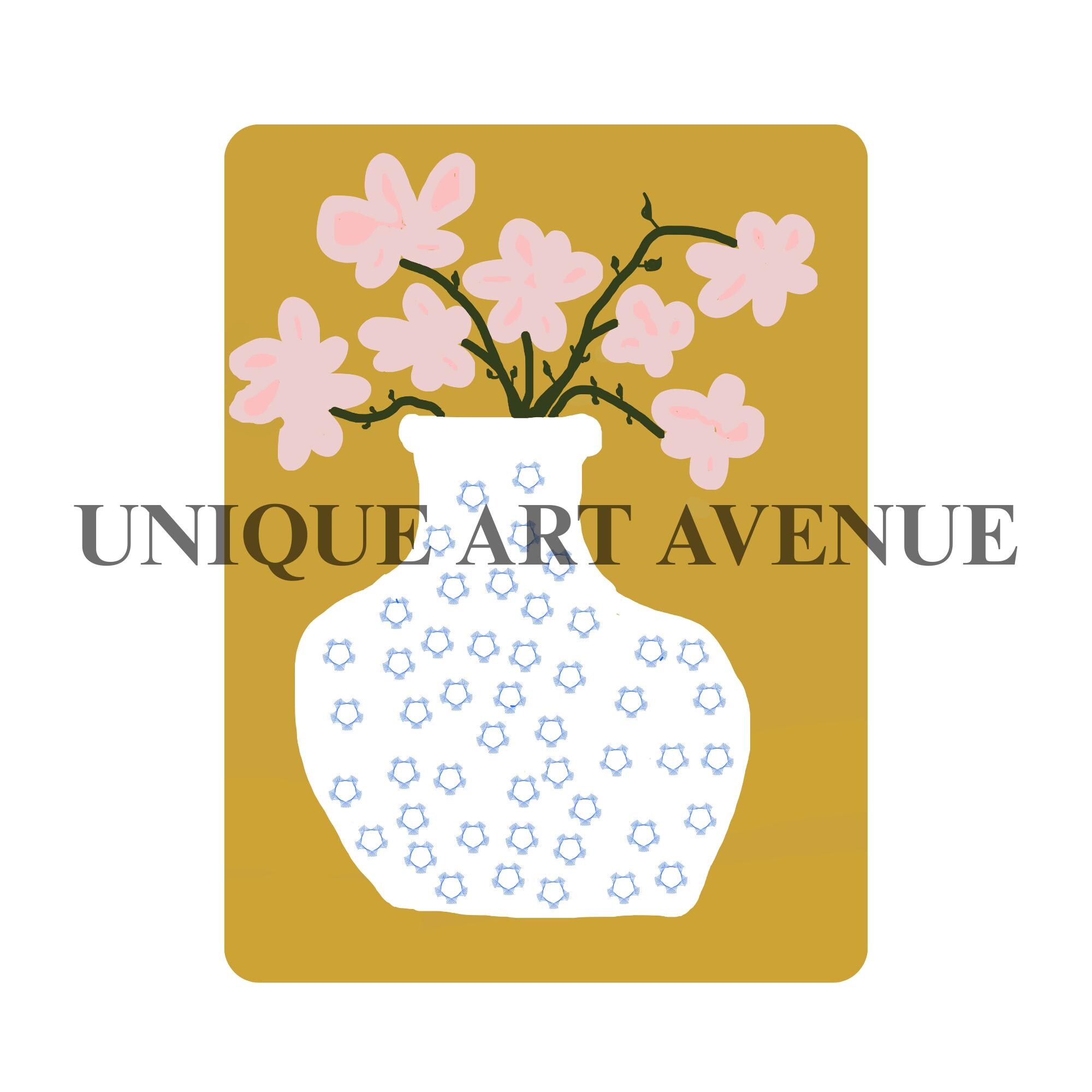 Modern Floral Vase Art Print, Pink Flower Illustration, Mustard Yellow ...