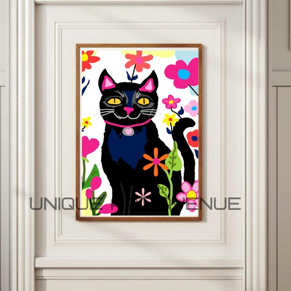 手作りの黒猫アート - カラフルなボタニカルウォールアート - 猫と花の
