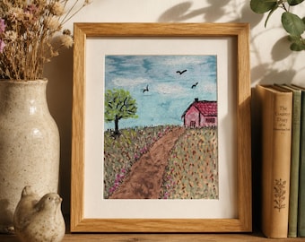 Oil Pastel Art - Cottage & Wildflower Painting - Small Original Artwork on Paper - Cottagecore Wall Decor - Landscape Path Wall Art