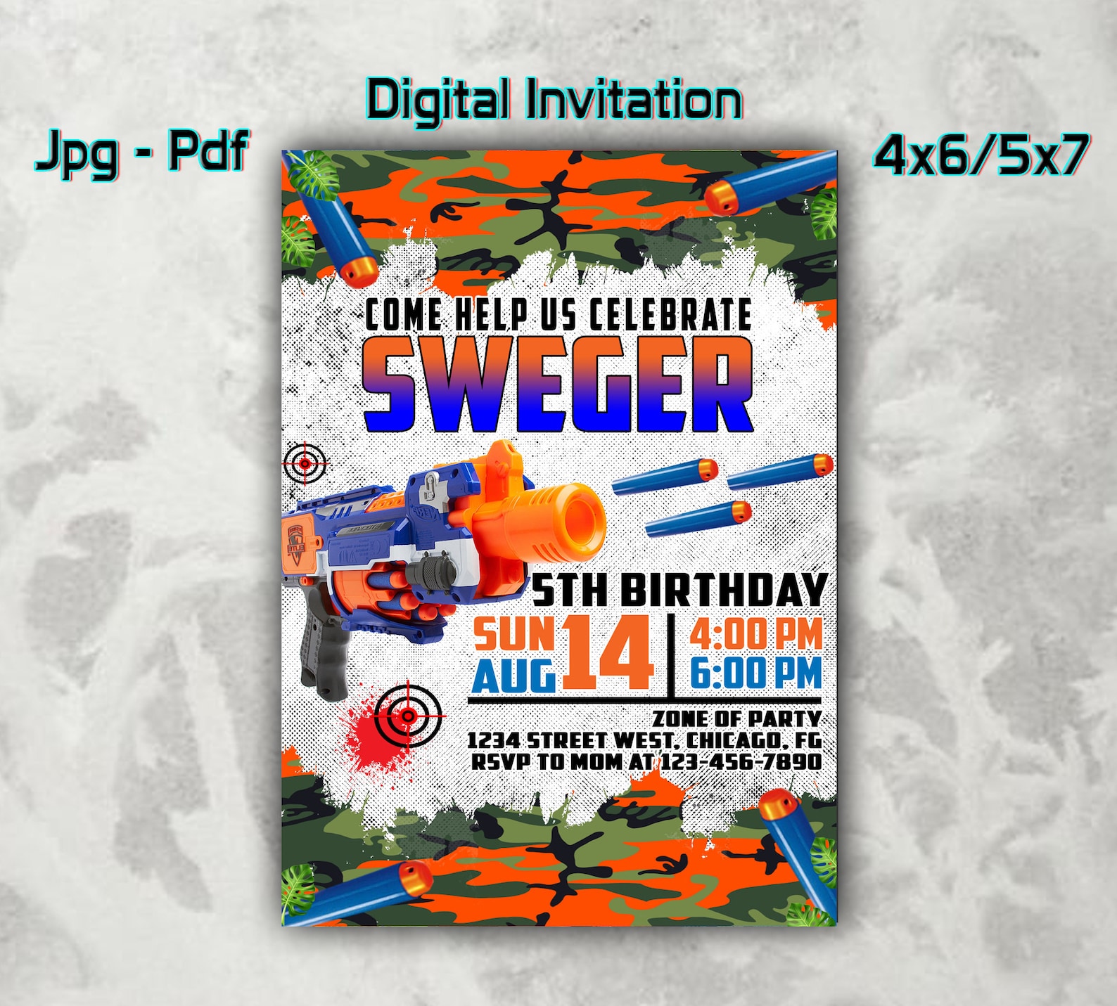 Nerf Birthday Invitations Nerf gun Invitation digital Etsy