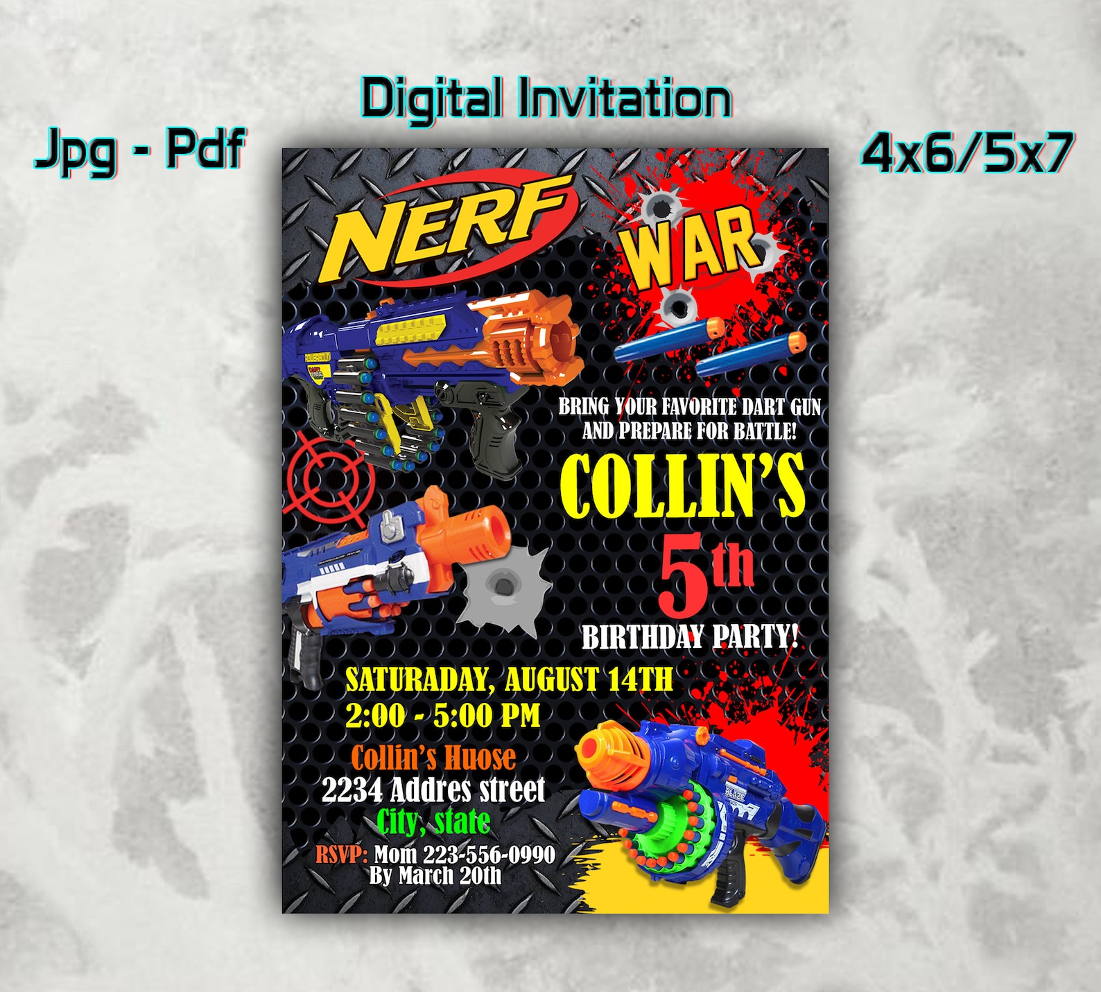 Nerf Birthday Invitations Nerf gun Invitation digital Etsy