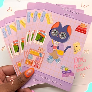Feuille d'autocollants mignon Bookworm Cat, chat lecteur mignon, autocollant de chat kawaii, feuille d'autocollants de chat kawaii, feuille d'autocollants booktok mignon