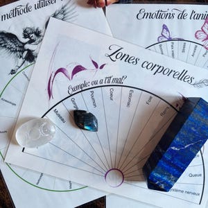 Puede incluir: Un conjunto de herramientas espirituales que incluyen un péndulo, cristales y gráficos impresos. Los gráficos presentan texto en francés sobre emociones y zonas corporales, con ilustraciones. Los cristales son transparentes, azules e iridiscentes.