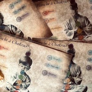 Peut inclure: Un ensemble de quatre cartes avec le titre "Planche à Chakras" imprimé sur chaque carte. Chaque carte présente une image différente d'une personne méditant avec un symbole de chakra de couleur différente sur son corps. Les cartes sont imprimées sur un fond de papier texturé et vieilli.