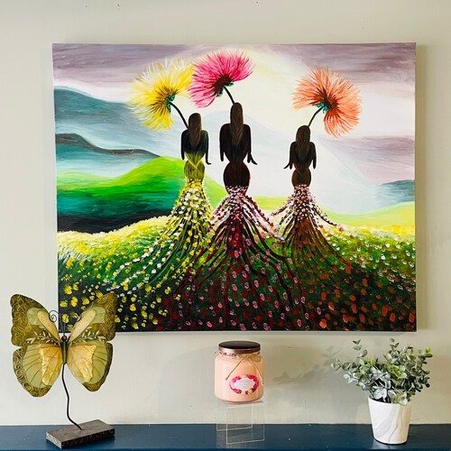 Sisters In A Fantasy Flower Field Canvas Acrylic Painting, Wall Decor, Gift For shops Mom, Gift For Sister, Gift For Best Friend, Craft,Canvas