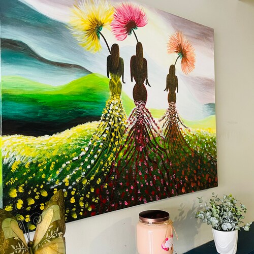Sisters In A Fantasy Flower Field Canvas Acrylic Painting, Wall Decor, Gift For Mom, Gift For shops Sister, Gift For Best Friend, Craft,Canvas