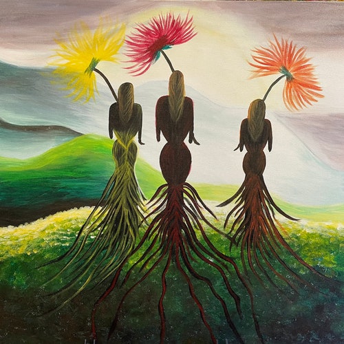 Sisters In A Fantasy Flower Field Canvas Acrylic Painting, Wall Decor, Gift For shops Mom, Gift For Sister, Gift For Best Friend, Craft,Canvas