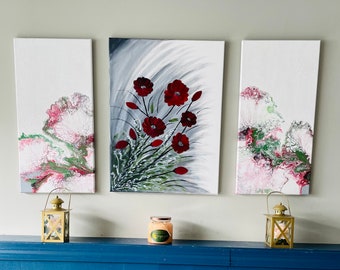 Floral Painting Original Canvas Art, Flower Painting on Canvas, Acrylic Painting, Frameless Canvas, Spring Wall Decor, Craft.