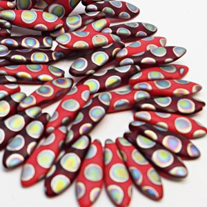 5x16mm Scarlet Mixed Red Vitrail Peacock Dots Czech Glass Daggers (25pc)