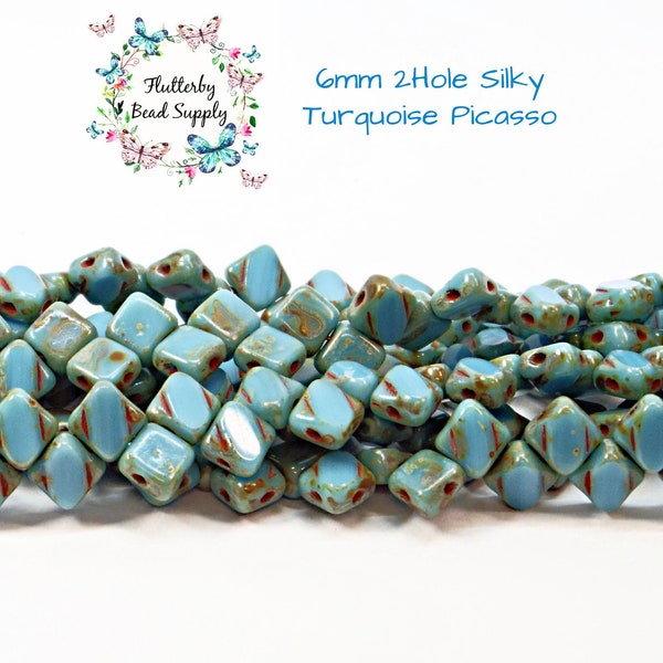 6mm SILKY Turquoise Picasso Two Hole Beads (40pc), DIY Jewelry 2-Hole Bead Supply