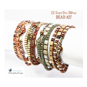 May include: A collection of beaded bracelets in various colors, including copper, gold, and green. The bracelets are wrapped around a white form. The text "EZ SuperDuo 3Wrap BEAD KIT" is visible. The Flutterby BeadSupply logo is also visible.