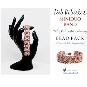 May include: A beaded bracelet in the "Silky Red Luster Colorway" is displayed on a black hand. The bracelet features pink and gold beads. Text on the right reads "Deb Roberti's MINIDUO BAND BEAD PACK". A second bracelet is shown below.