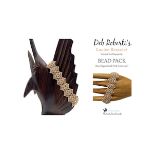 May include: A beaded bracelet with a rose opal and gold pink colorway is displayed on a wooden sculpture and a hand. The bracelet features a diamond pattern. The text on the image reads "Deb Roberti's Coulee Bracelet BEAD PACK (Rose Opal/Gold Pink Colorway)".