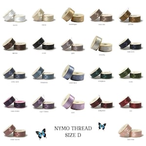 May include: A collection of spools of NYMO thread in various colors, including white, cream, and black. The image displays a range of hues, such as turquoise, lilac, and burgundy. The text "NYMO THREAD SIZE D" is also visible.
