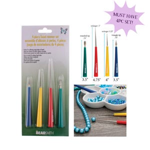 May include: A 4-piece bead reamer set with green, red, yellow, and blue handles. The set includes tools with rounded, triangle, and enlarging tips. The tools range from 3.5 to 4.75 inches in length. The package text says "MUST HAVE 4PC SET!"