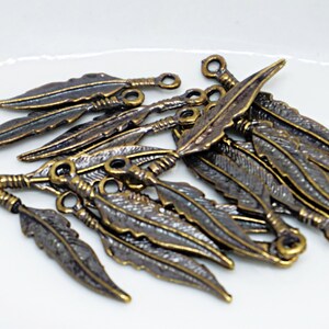 25mm Antique Brass Feather Charm (6pc), Mykonos Greek Metal Casting, DIY Jewelry Supply