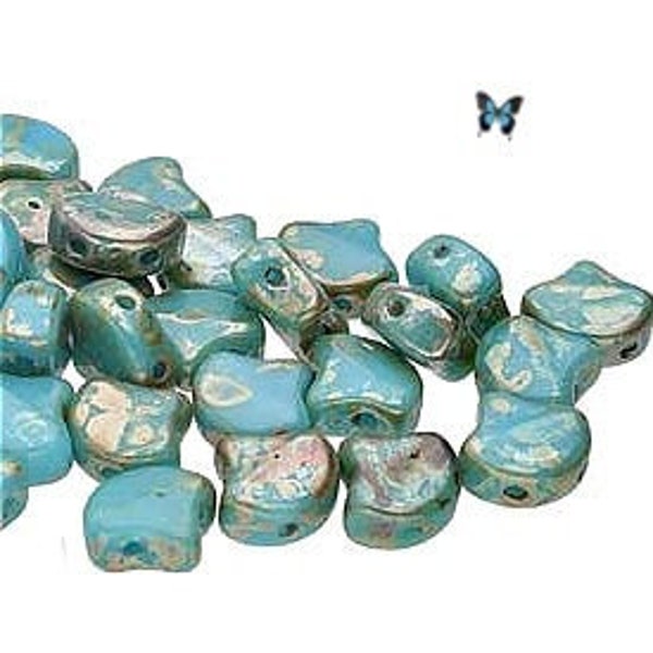 Blue Turquoise Rembrandt GINKO, 2-Hole Czech Glass Beads (10gr) DIY Jewelry Bead Supply