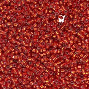 May include: A close-up image of a large quantity of small, round, red glass beads. The beads have a metallic sheen and are arranged in a random pattern.