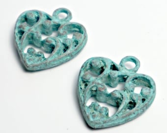 2pc Green Patina Filigree Heart Pendant (18mm), Mykonos Greek Metal Casting DIY Jewelry Supply
