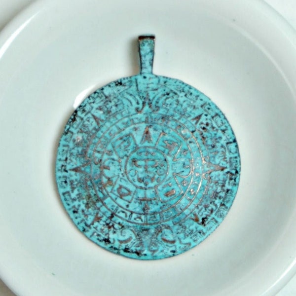 1pc Aztec Mayan Calendar Green Patina Pendant (45mm), Mykonos Greek Metal Casting DIY Jewelry Supply