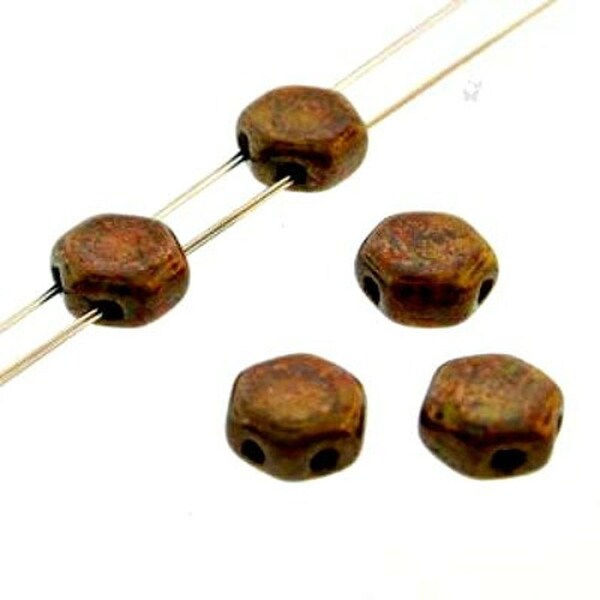 HONEYCOMB 6mm Hodge Podge Orange Bronze 2 Hole Hexagon Czech Glass Beads (30pc), DIY Jewelry Bead Supply