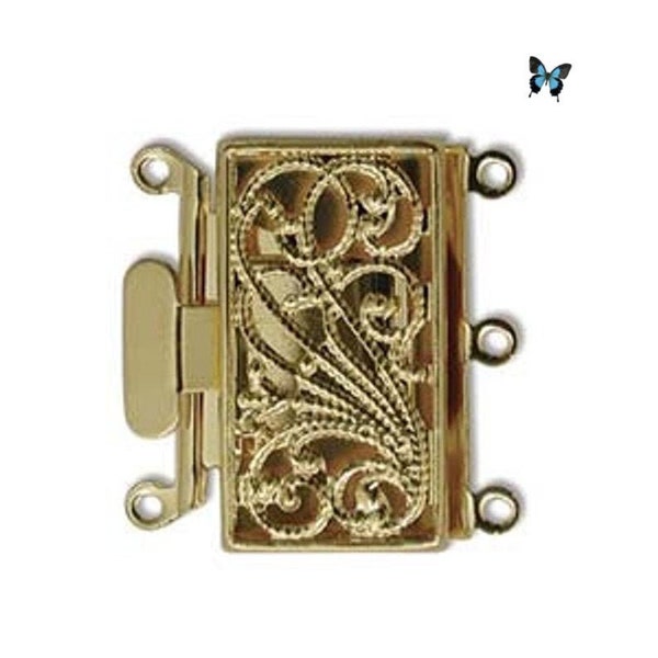 3 Strand Gold Plated Push Pull Box Clasp 13x22mm (1pc), DIY Jewelry Supply