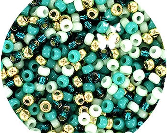 May include: Assortment of small, round glass beads in shades of teal, white, and gold. The beads are perfect for jewelry making, crafts, and other creative projects.
