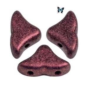 May include: Three dark red metallic triangle shaped beads with a textured surface.