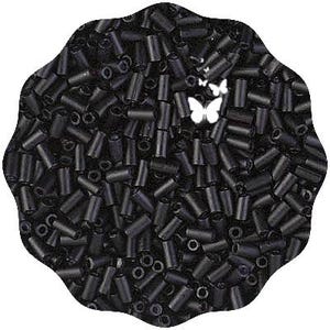 May include: A collection of small, black, cylindrical beads. The beads are densely packed together, filling the frame. Two white butterfly silhouettes are superimposed on the beads, adding a decorative element. The beads appear to be made of plastic or a similar material.