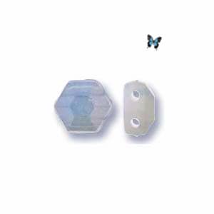 May include: Two iridescent blue glass beads, one is a hexagonal bead and the other is a round bead with two holes.